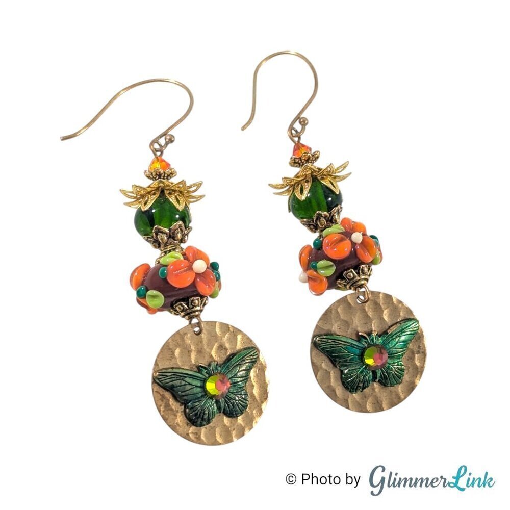 Long Three Tier Floral Lampwork Butterfly Disc Mixed Material Dangle Earrings